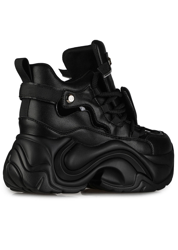 Studio side-profile view of Anthony Wang JUPITER 04 Hack Mode Black platform sneakers showcasing the heavy-duty tread rubber outsole and futuristic layered tech upper