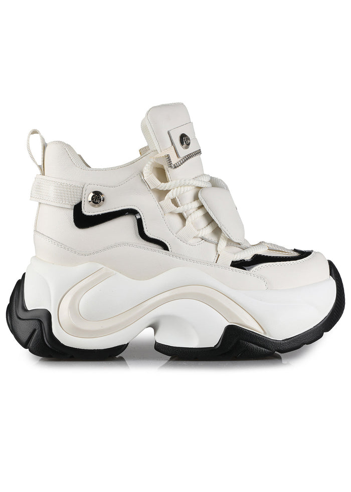 Side view of Anthony Wang JUPITER 04 Plasma White platform sneakers featuring crisp white layered tech paneling and silver metal zipper accents on a high wedge sole