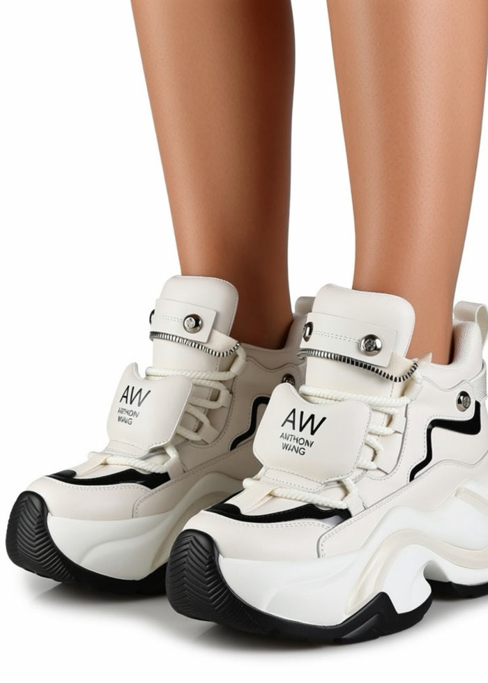 On-foot styling view from behind of Anthony Wang JUPITER 04 Plasma White platform sneakers showing the athletic high-top ankle fit and chunky tread wedge heel