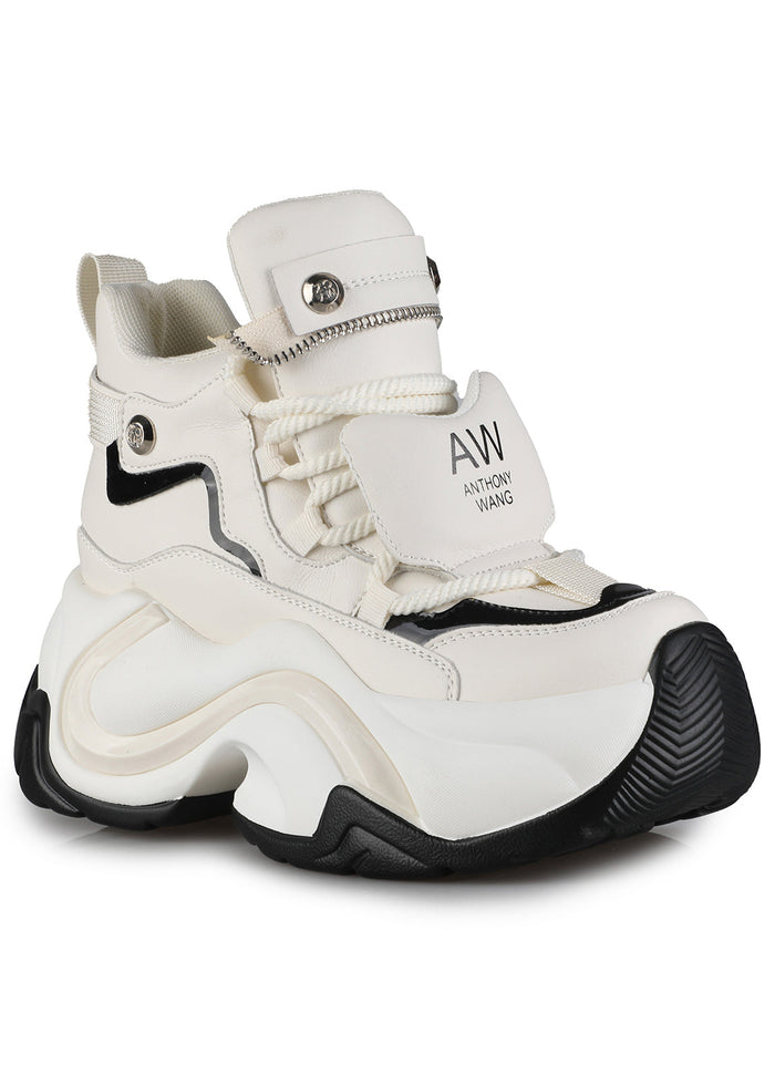 Front three-quarter view of Anthony Wang JUPITER 04 Plasma White platform sneakers highlighting the secure lace-up front closure and sculptural molded white outsole