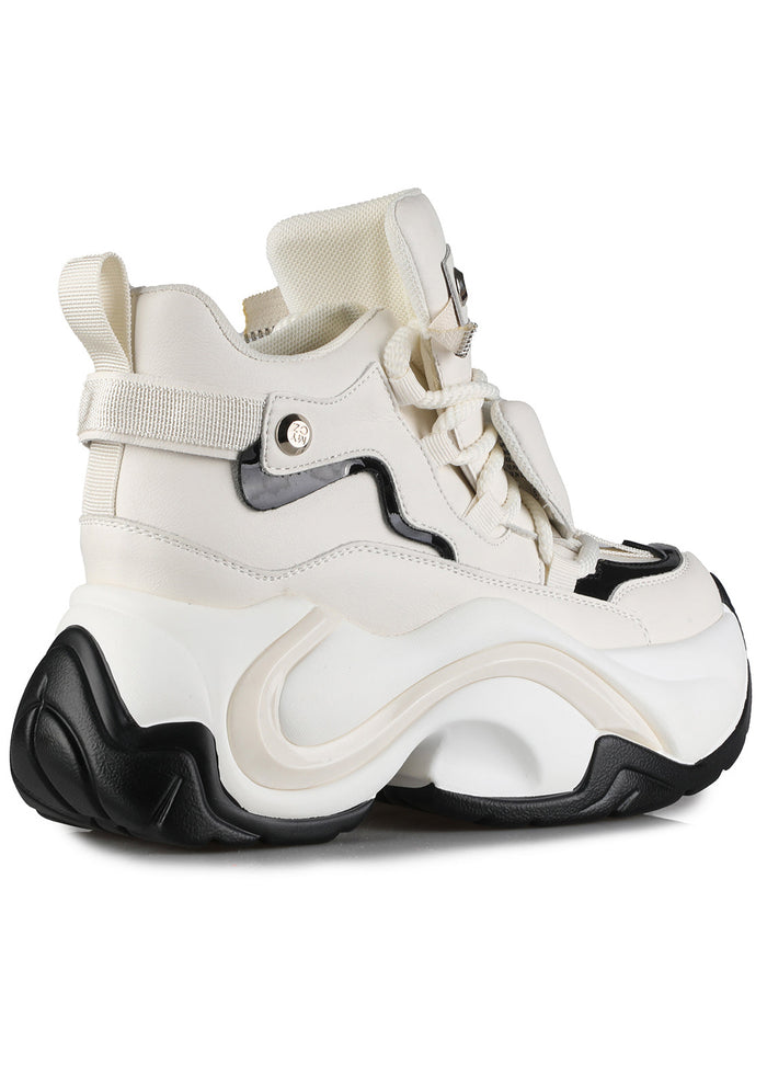 Studio side-profile view of Anthony Wang JUPITER 04 Plasma White platform sneakers showcasing the heavy-duty tread rubber outsole and futuristic layered tech panel upper