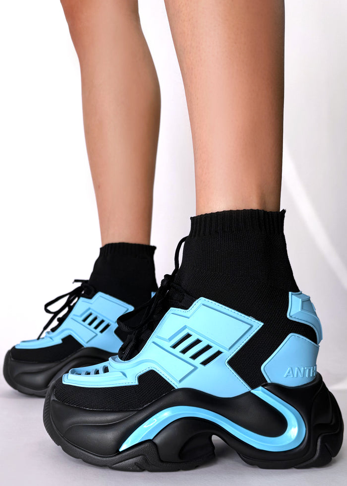 On-foot styling view of Anthony Wang JUPITER 08 Neko Synth Blue platform sneakers showcasing the high-top sock ankle fit and electric blue futuristic panels