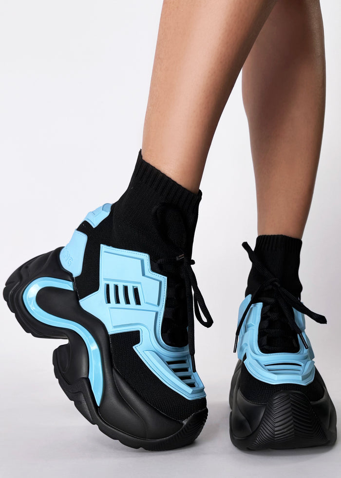 Front on-foot view of Anthony Wang JUPITER 08 Neko Synth Blue platform sneakers highlighting the thick black rope lace-up front and chunky toe box