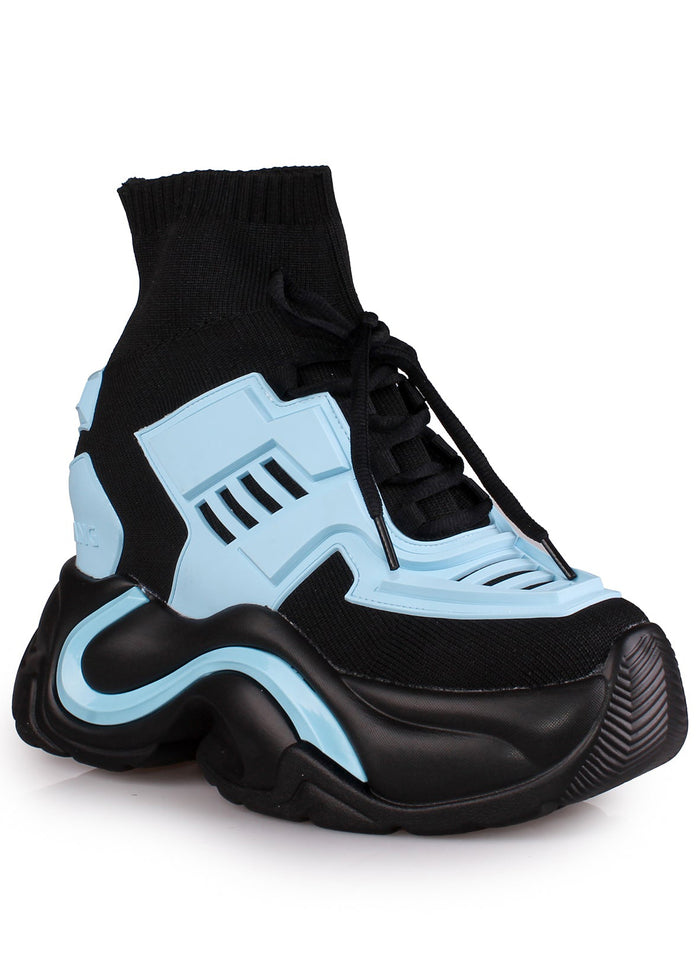 Clean studio profile shot of Anthony Wang JUPITER 08 Neko Synth Blue platform sneakers detailing the layered cyber synthwave paneling layout