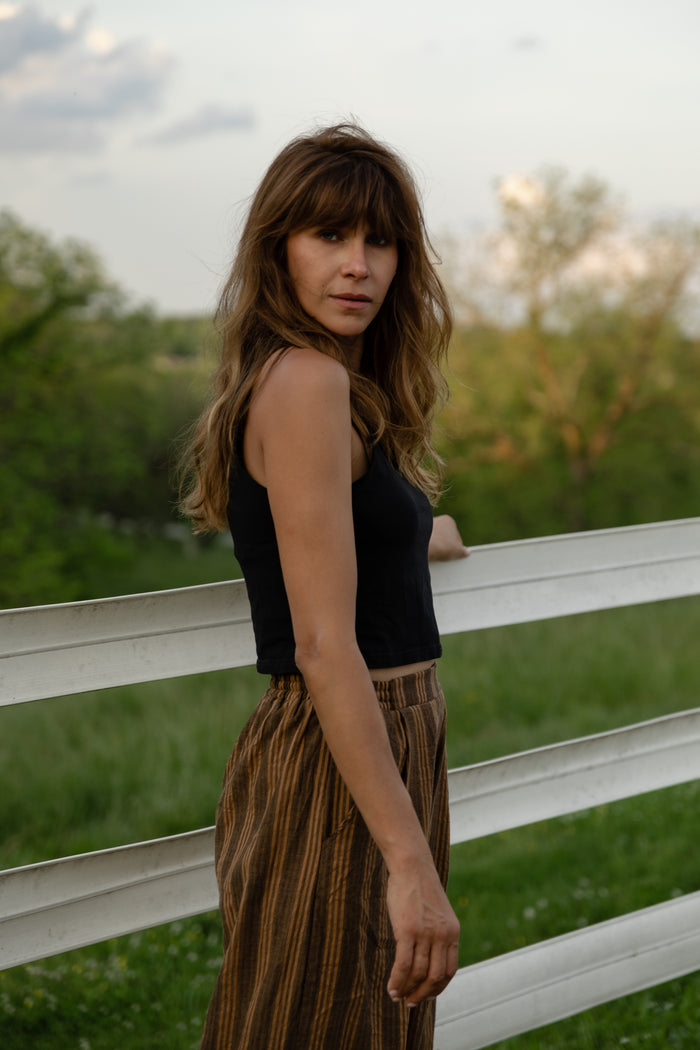 Katie Handwoven Cotton Set in Brown and Mustard Stripe