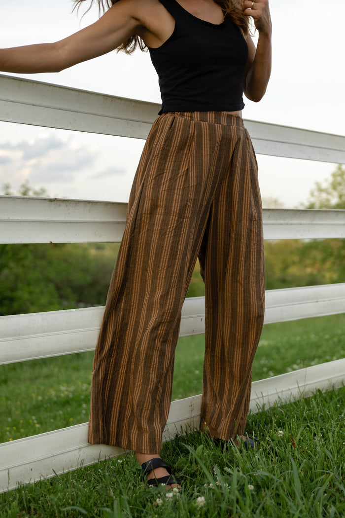 Katie Handwoven Cotton Set in Brown and Mustard Stripe