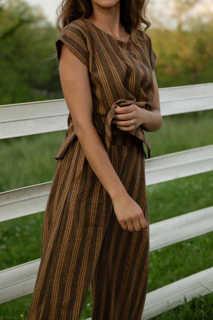 Katie Handwoven Cotton Set in Brown and Mustard Stripe