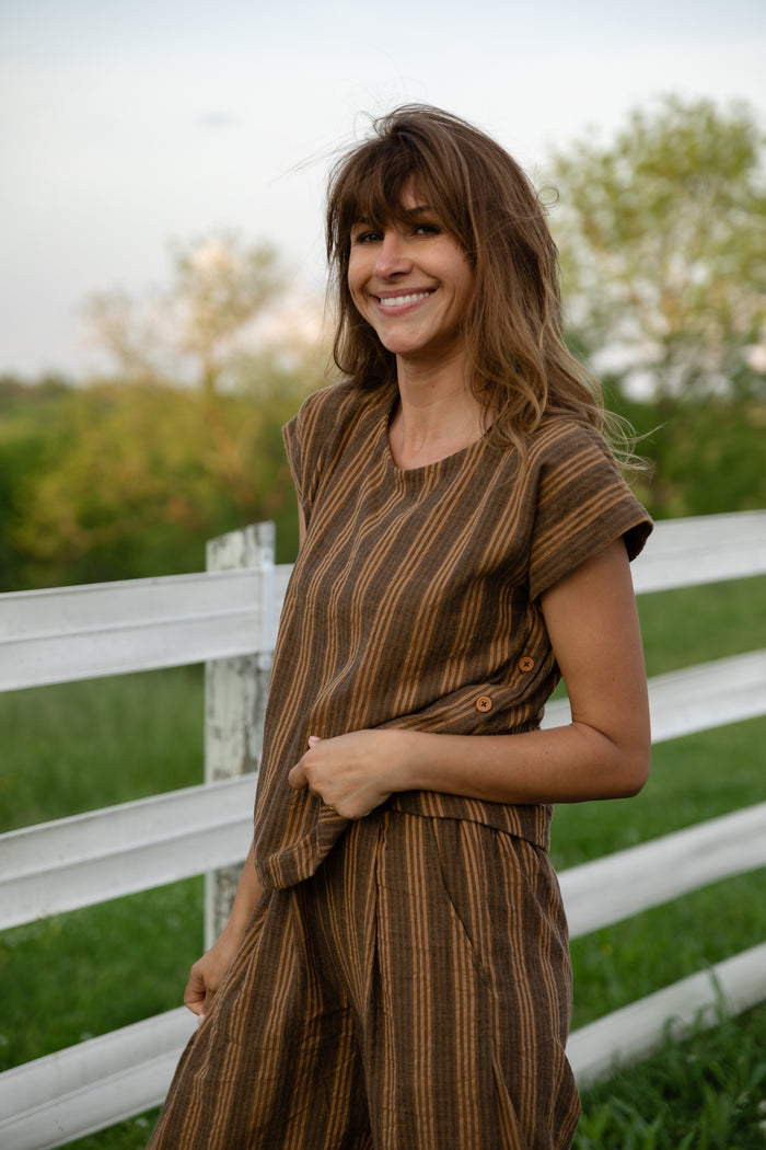 Katie Handwoven Cotton Set in Brown and Mustard Stripe