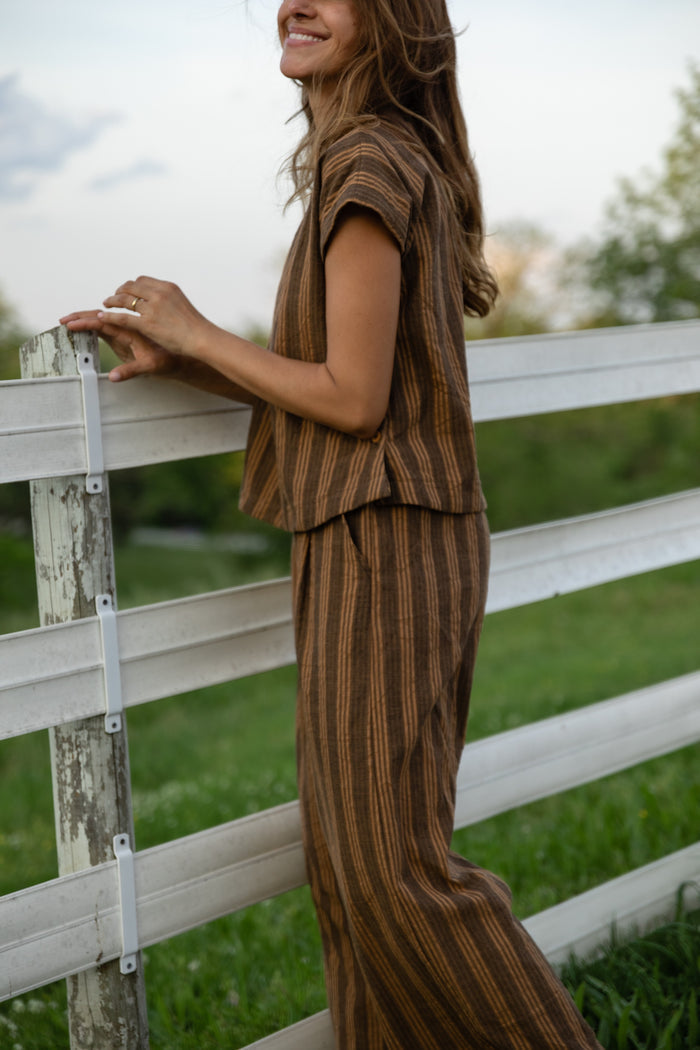 Katie Handwoven Cotton Set in Brown and Mustard Stripe