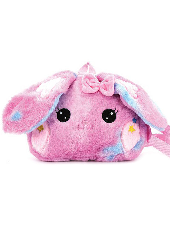 Sleepyville Critters Kawaii Pink Bunny Plush Backpack in pink with embroidered bunny face, floppy ears, and pink bow on soft girl rave backpack — front view