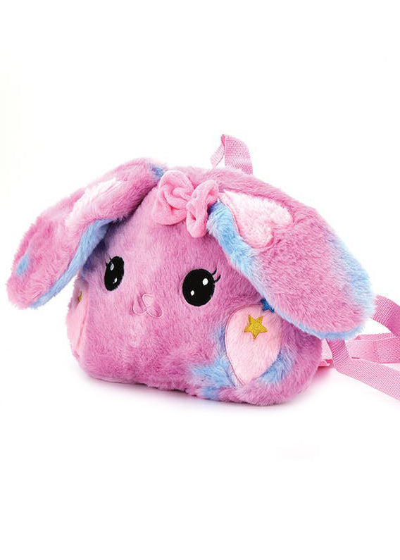 Sleepyville Critters Kawaii Pink Bunny Plush Backpack in pink with embroidered bunny face, floppy ears, and pink bow on soft girl rave backpack — side view