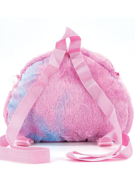 Sleepyville Critters Kawaii Pink Bunny Plush Backpack in pink with embroidered bunny face, floppy ears, and pink bow on soft girl rave backpack — back view