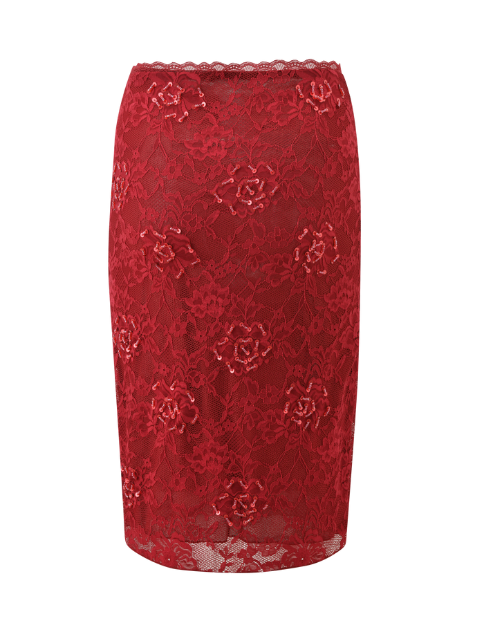 The KIRRA BEADED SEQUIN LACE MIDI SKIRT by TIGERMIST is a red, knee-length skirt featuring floral beaded lace and a scalloped waistband, shown against a plain white background.