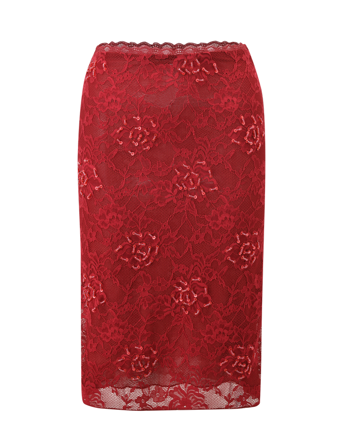 The KIRRA BEADED SEQUIN LACE MIDI SKIRT in red by TIGERMIST features floral lace, a scalloped waistband, and a sheer overlay, displayed on a plain white background.
