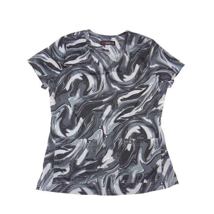 Koi Basics Womens Grey Black Marble Swirl V Neck Medical Scrub Top Small0
