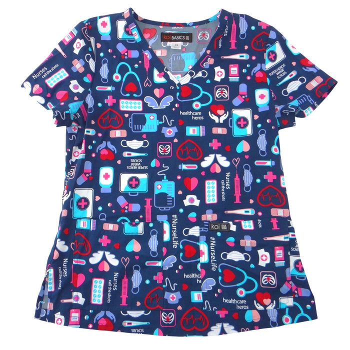 Koi Basics Womens XS Navy Blue Medical Print V Neck Scrub Top Nurses Hero0