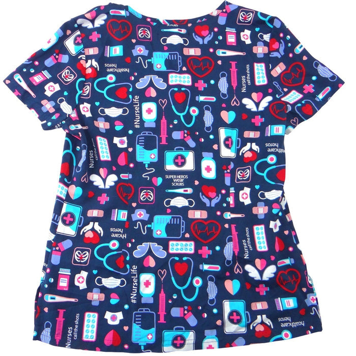 Koi Basics Womens XS Navy Blue Medical Print V Neck Scrub Top Nurses Hero2