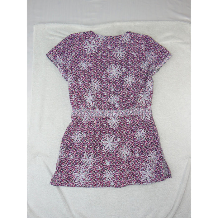 Koi by Kathy Peterson Womens XS Scrub Top Pink Floral Embroidered V Neck 36691