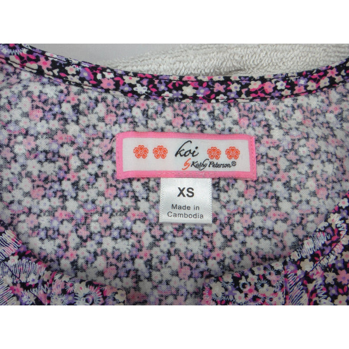 Koi by Kathy Peterson Womens XS Scrub Top Pink Floral Embroidered V Neck 36692