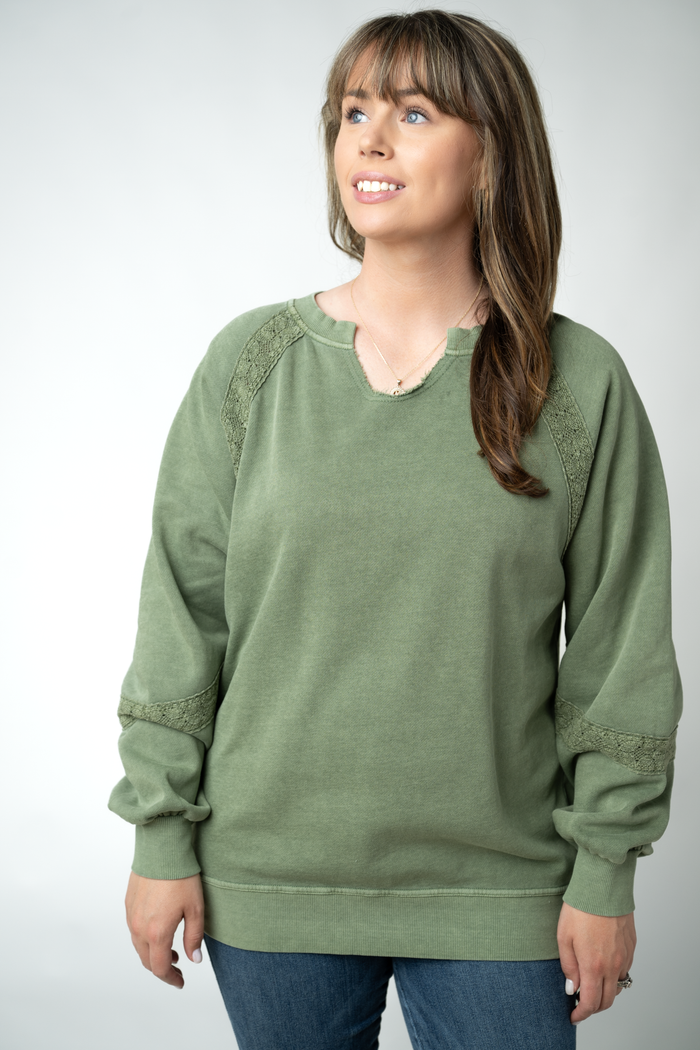 Lace Accent Vintage Wash Pullover - Olive