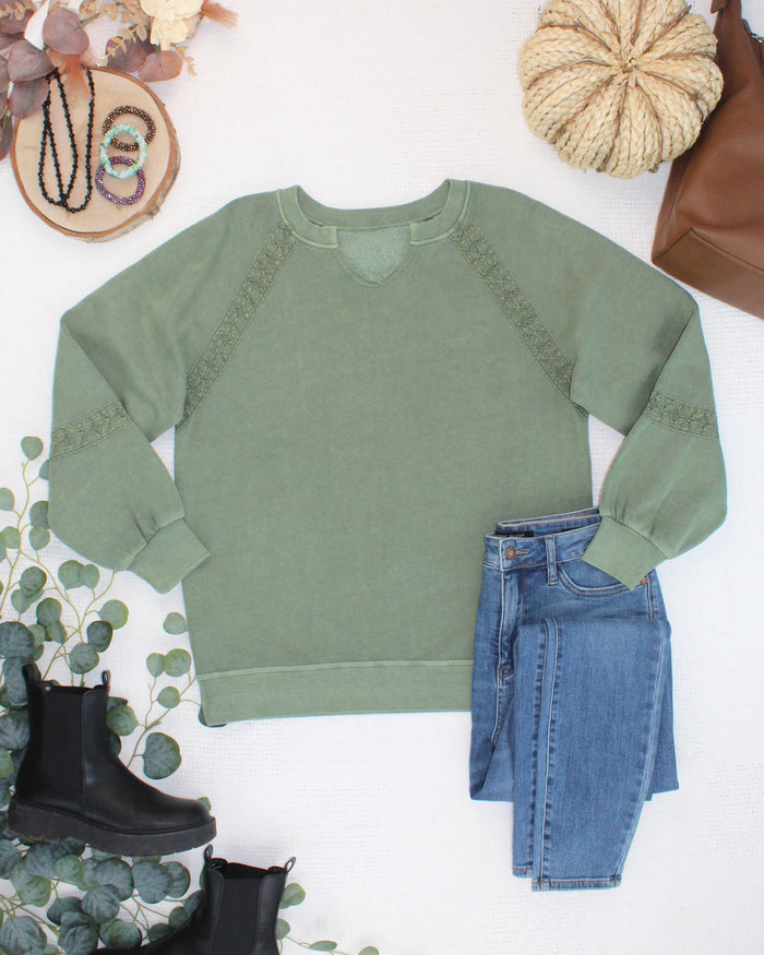 Lace Accent Vintage Wash Pullover - Olive