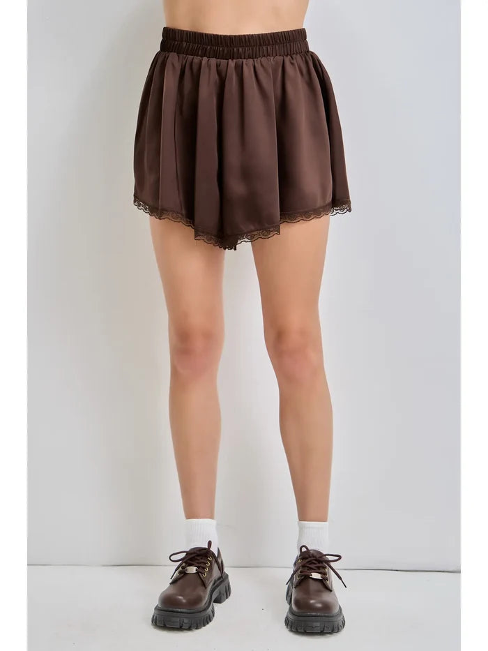 Lace Trim Elastic Waist Satin Mini Skort