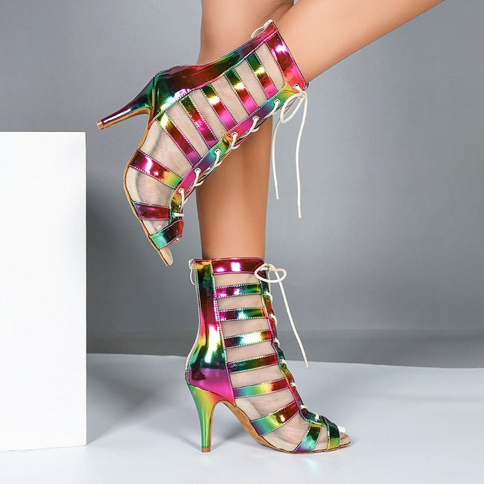 Ladies PU Rainbow Customized Heel Dance Boots Salsa Professional Dance Shoes