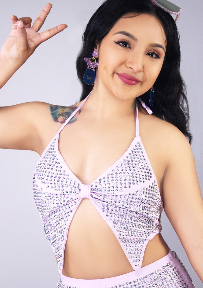 Hot & Delicious Lavish Me Butterfly Rhinestone Top in lavender with full rhinestone detail on butterfly shaped festival top — model view
