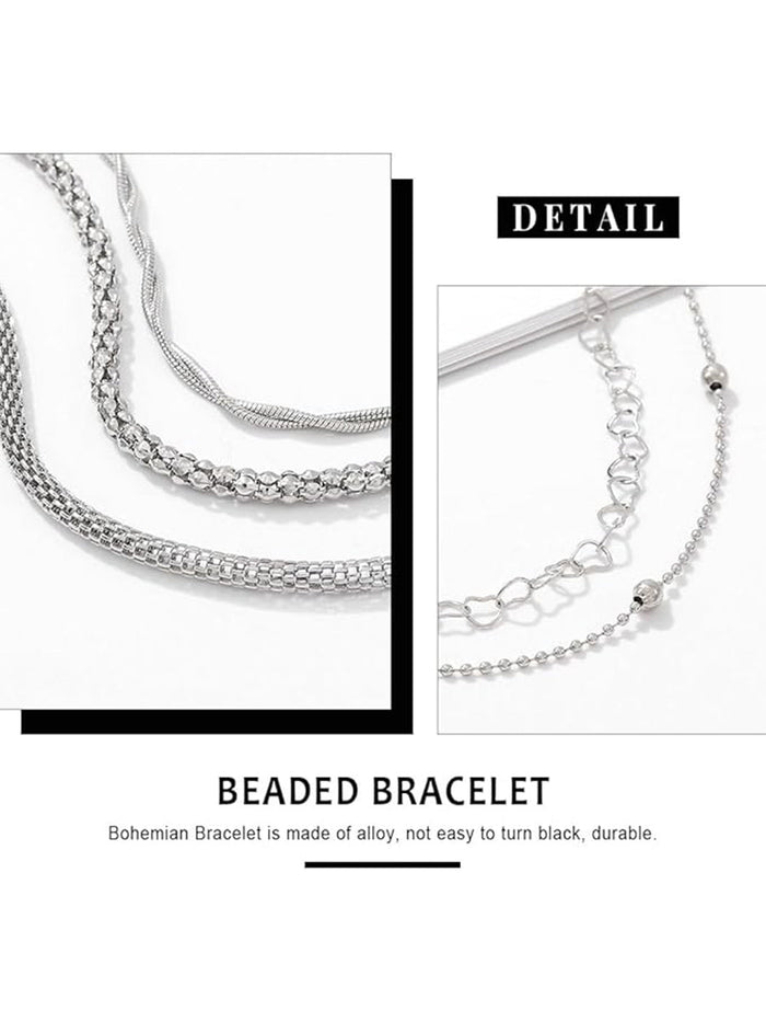Layered Beaded Silver Heart Bracelet Set (6 Pieces)
