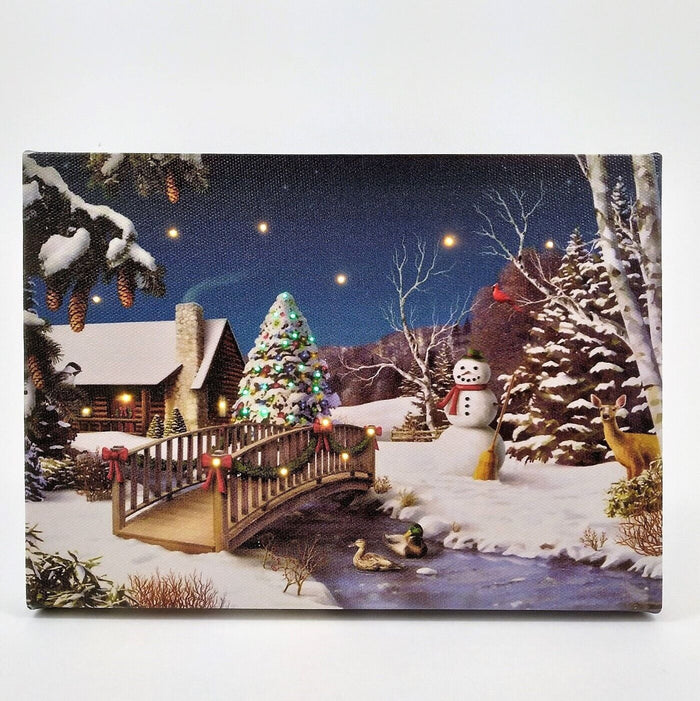 LED Lit Winter Scene with Snowman lighted Canvas Wall or Tabletop Picture Art