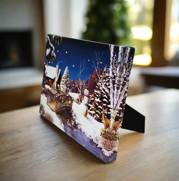 LED Lit Winter Scene with Snowman lighted Canvas Wall or Tabletop Picture Art