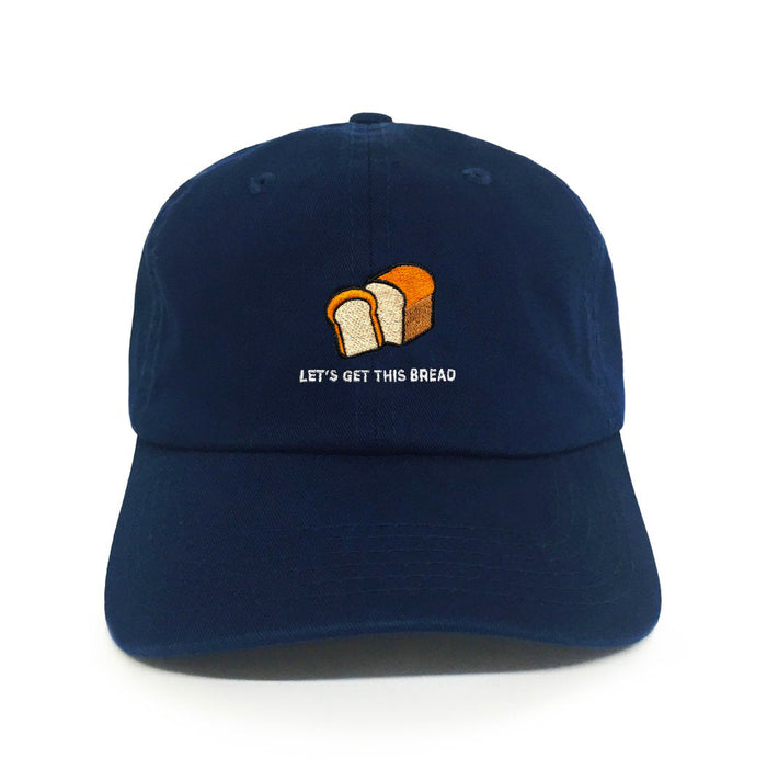 Navy blue cap with bread design and text on a white background