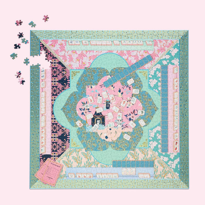 Colorful puzzle with a guitar design on a light pink background