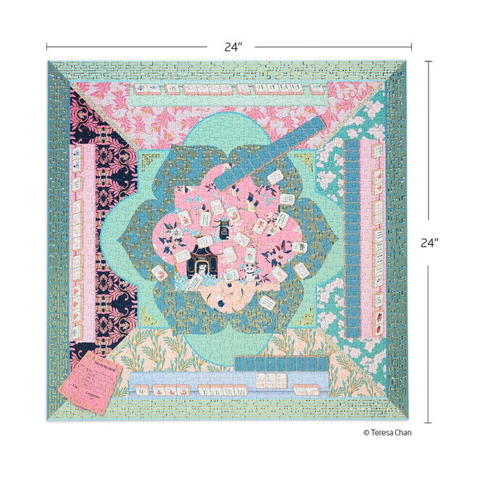 Colorful quilt with intricate patterns and text, displayed with dimensions on a white background.