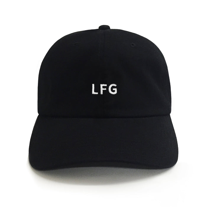 Black cap with 'LFG' text on a white background