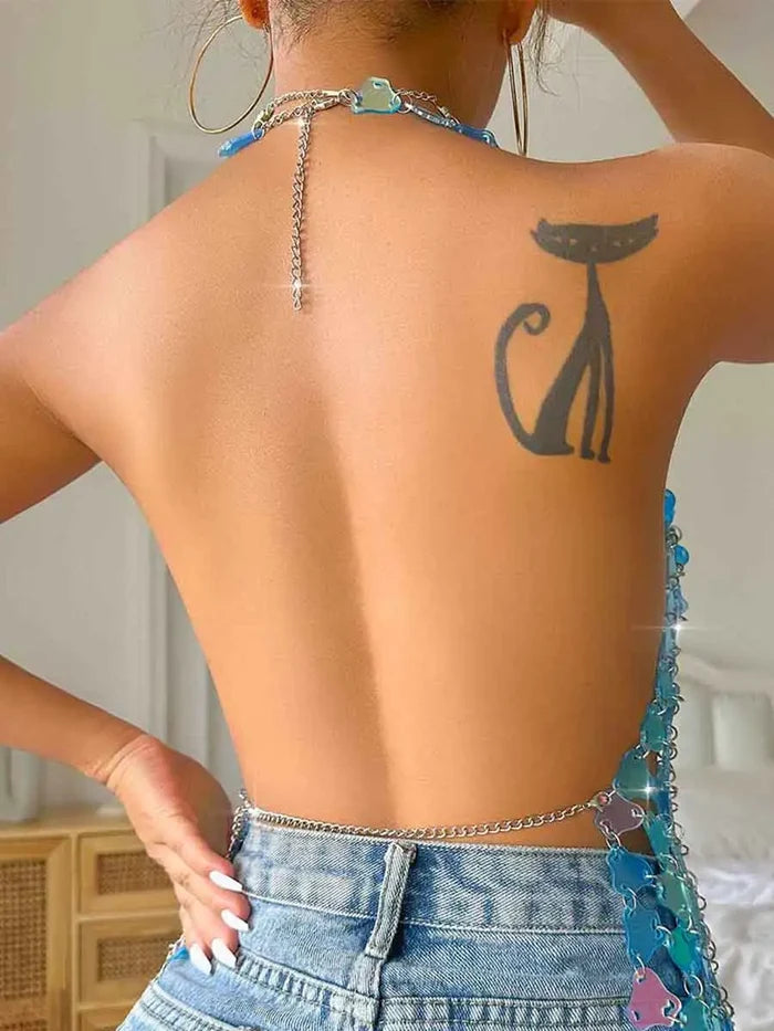 Light Blue Halter Neck Sequin Vest For Disco