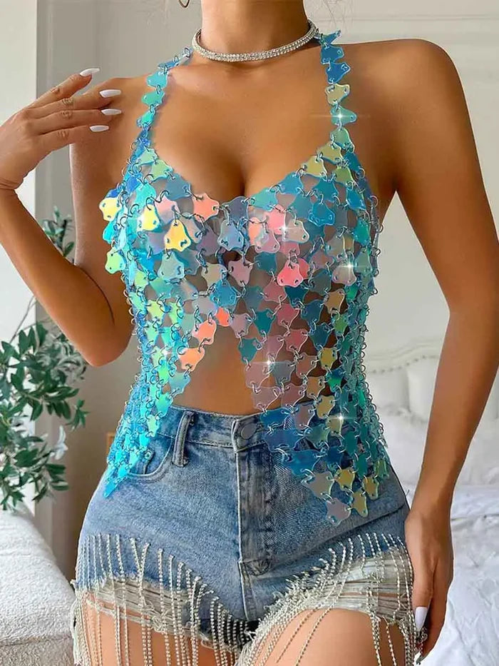 Light Blue Halter Neck Sequin Vest For Disco