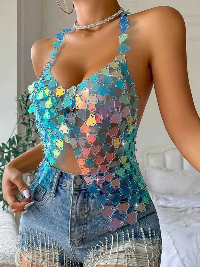 Light Blue Halter Neck Sequin Vest For Disco