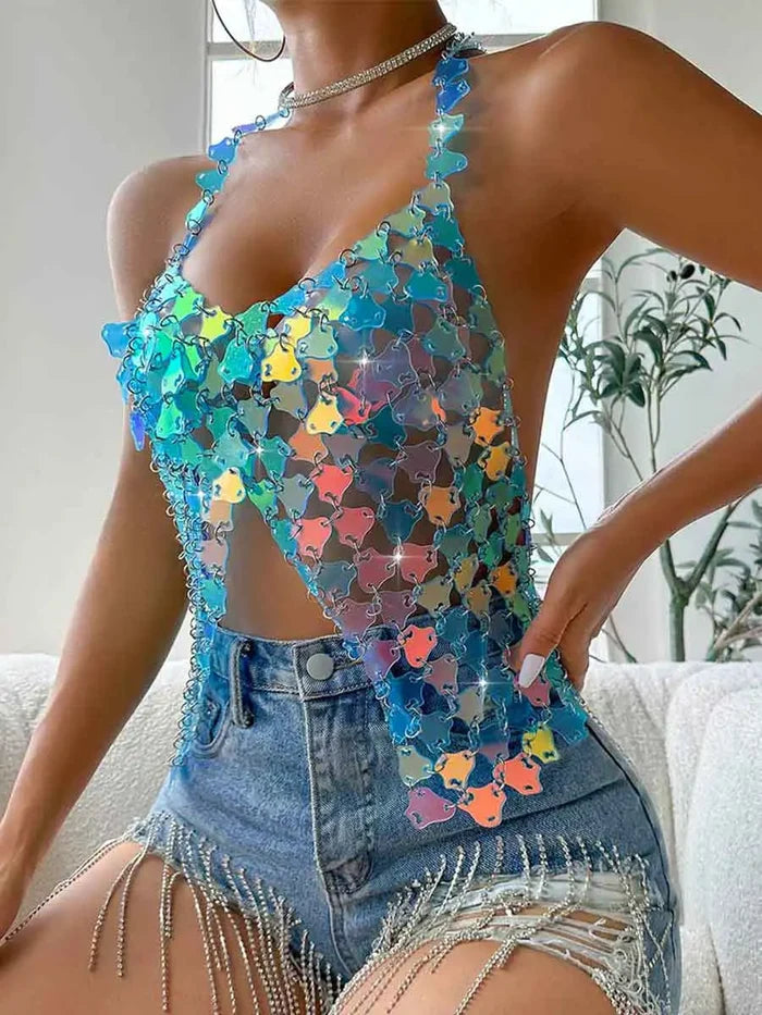 Light Blue Halter Neck Sequin Vest For Disco