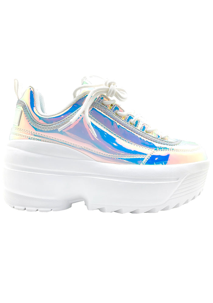 Berness LILY 5005 Cosmic Trance Holographic Platform Sneakers featuring a chunky 2-inch rubber platform sole and an iridescent pink and gold holographic upper.