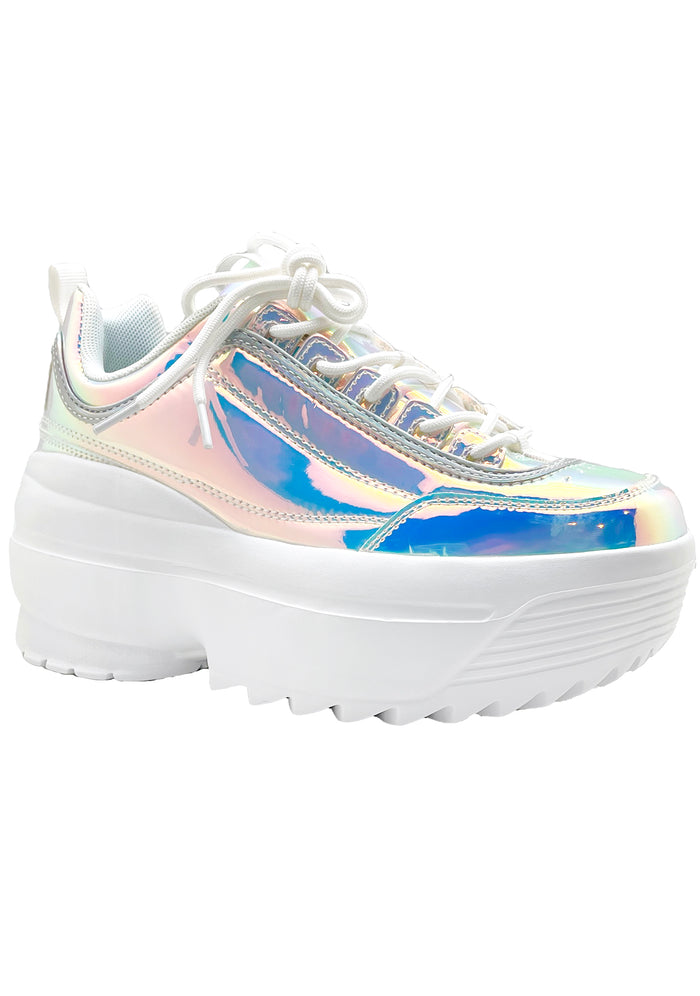 Studio front view of the Berness Cosmic Trance holographic sneakers, emphasizing the clean tongue design, wide toe box, and side stitch detailing.