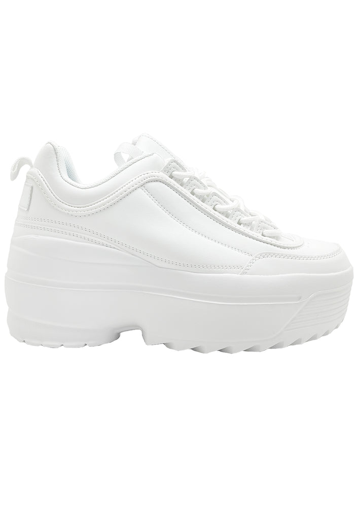 Berness LILY 5005 Dream Cypher White Platform Sneakers featuring a chunky 2-inch rubber platform sole and a clean white vegan leather upper.
