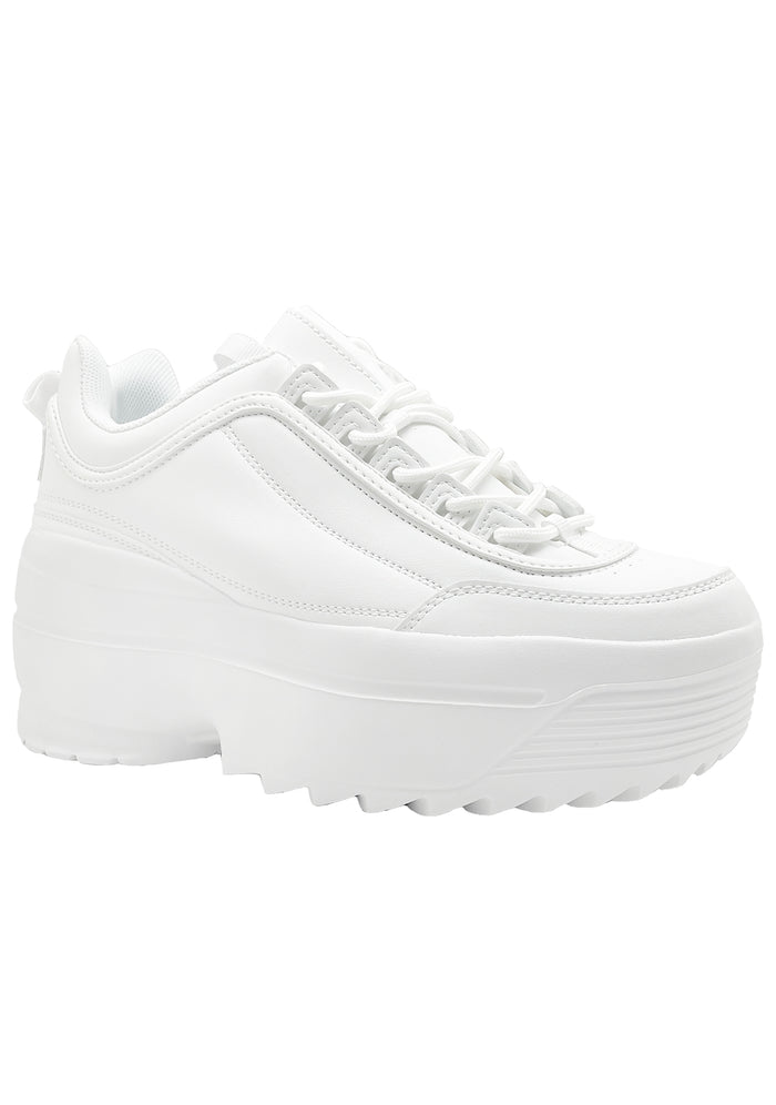 Front angled profile of the white LILY 5005 Dream Cypher rave sneakers, highlighting the classic lace-up design and crisp vegan leather panels.