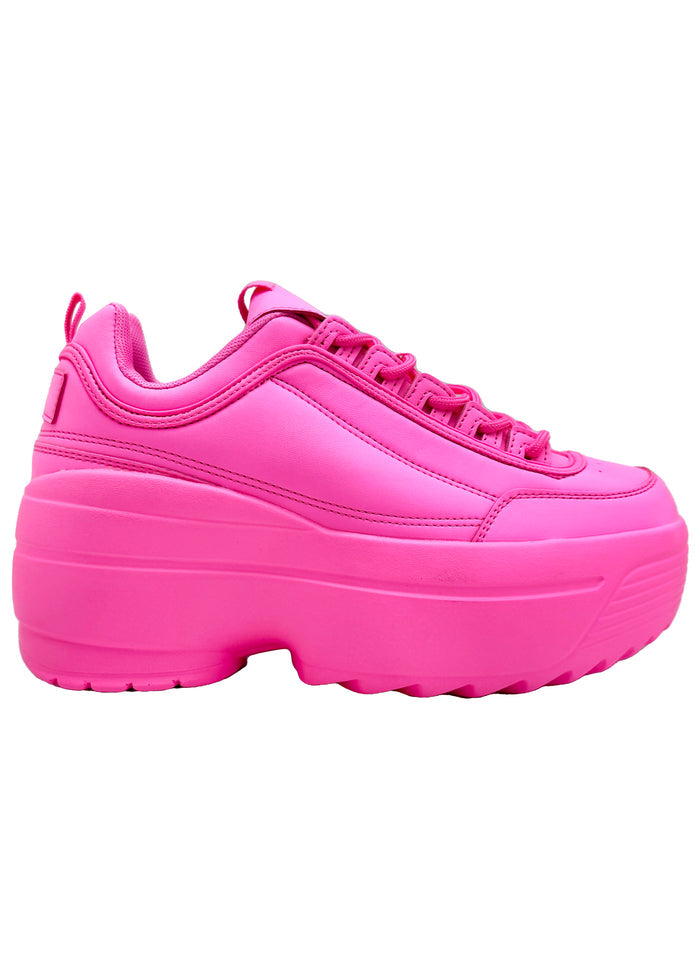 Berness LILY 5005 Neon Riot Hot Pink Rave Platform Sneakers in hot pink vegan leather with chunky Y2K platform outsole and lace-up closure — front view