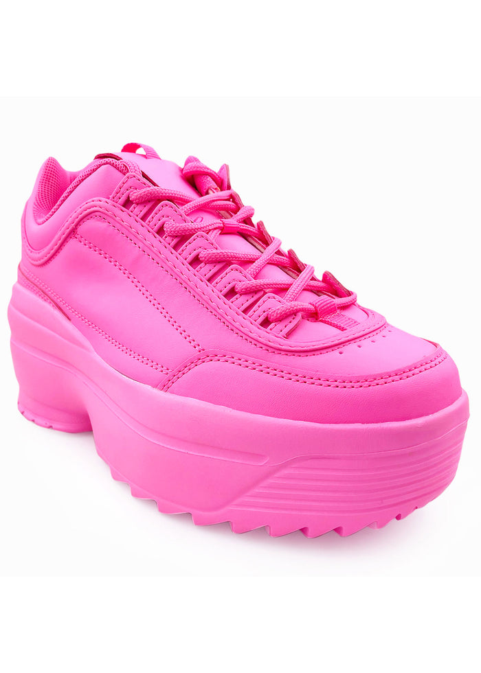 Berness LILY 5005 Neon Riot Hot Pink Rave Platform Sneakers in hot pink vegan leather showing chunky platform height and traction outsole — side view