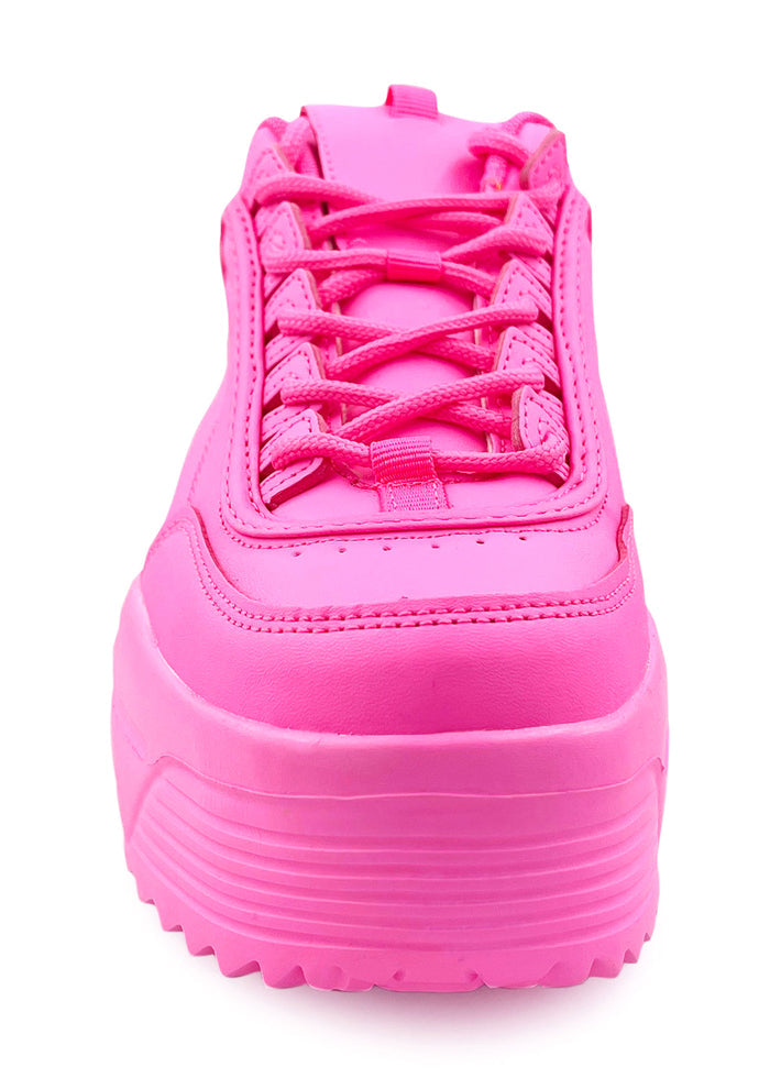 Berness LILY 5005 Neon Riot Hot Pink Rave Platform Sneakers in hot pink vegan leather showing lace-up closure and chunky platform outsole detail — detail shot