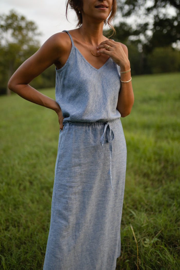 Linen Skirt Set in Light Blue Linen - Tank and XS and XXL Skirt Left