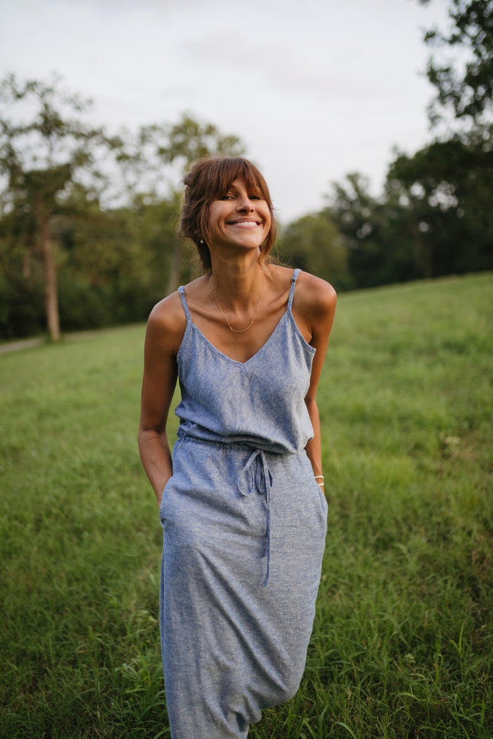 Linen Skirt Set in Light Blue Linen - Tank and XS and XXL Skirt Left