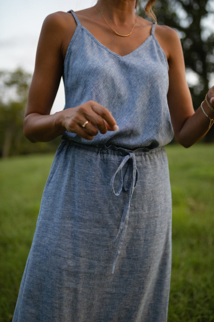 Linen Skirt Set in Light Blue Linen - Tank and XS and XXL Skirt Left