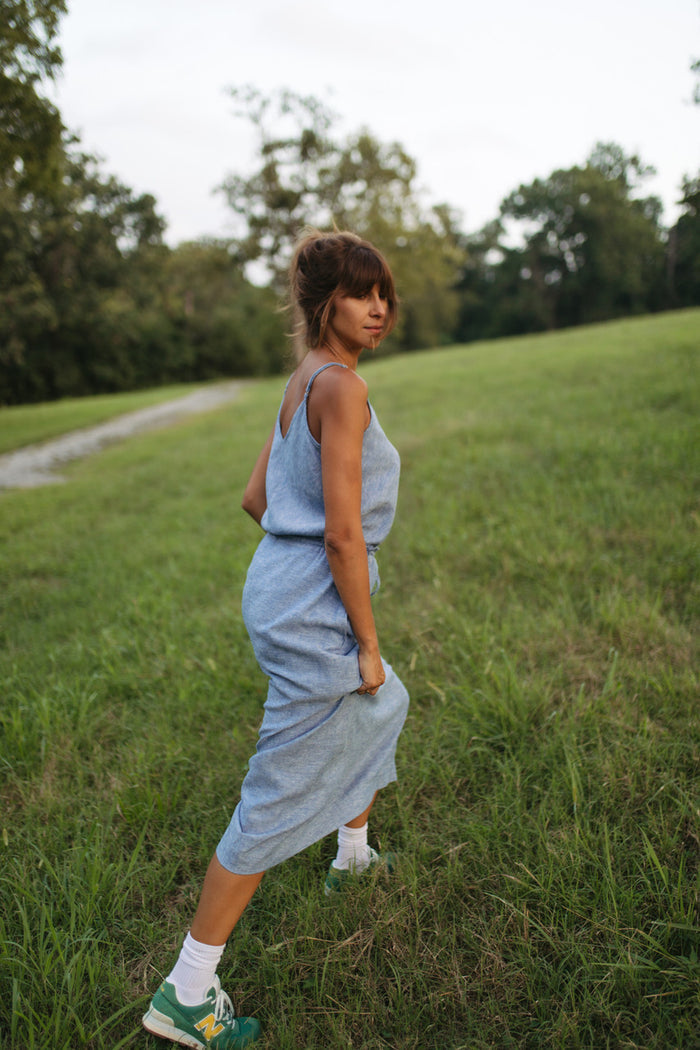 Linen Skirt Set in Light Blue Linen - Tank and XS and XXL Skirt Left